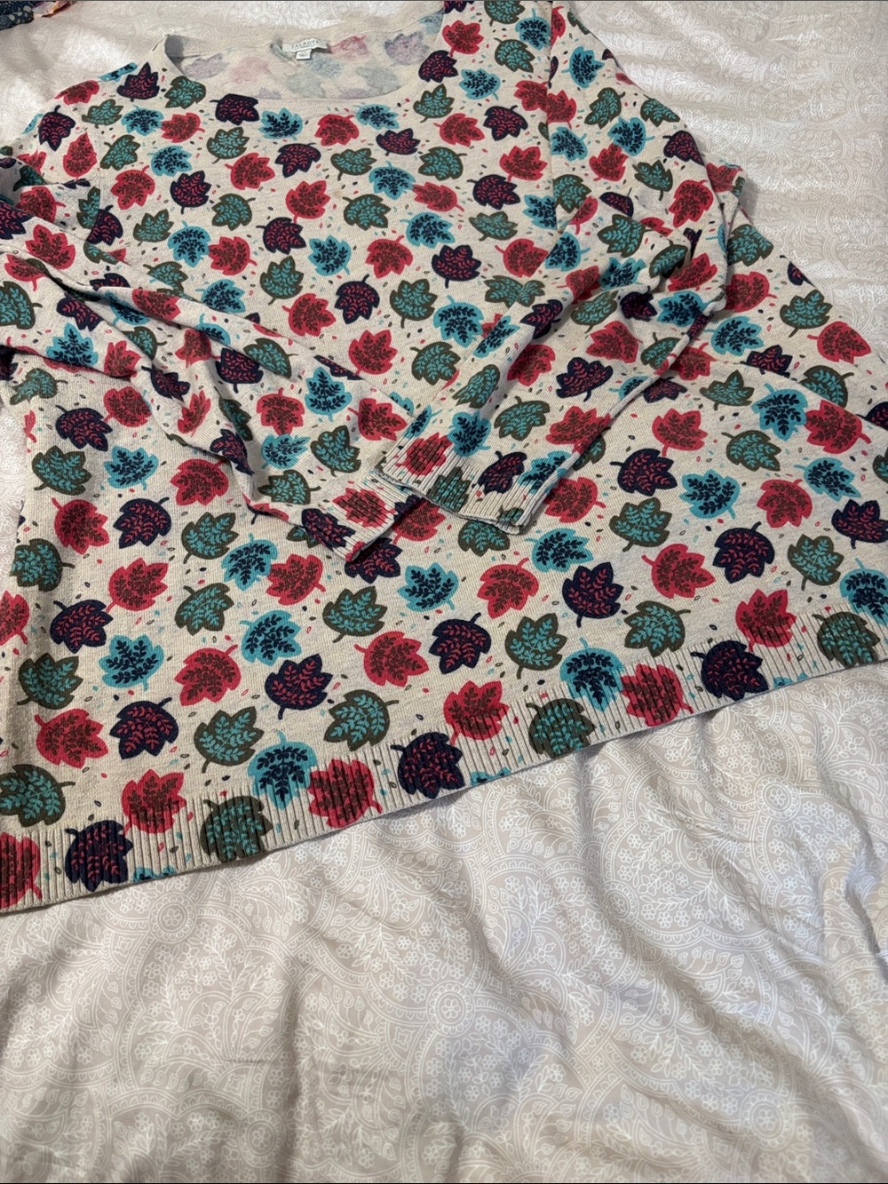 Talbots Cream Sweater with Multicolor Leaf Print